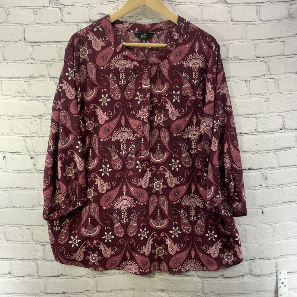 GNW Plus Blouse‎ Womens Sz 2XL Pink Rose Long Sleeve Paisley